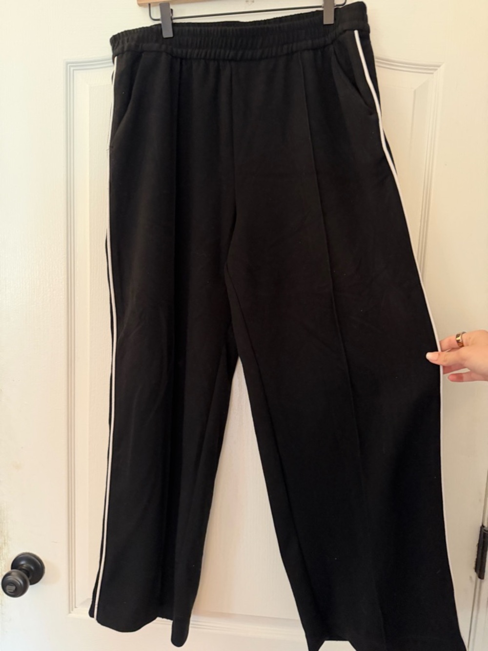 Black Wide-Leg Track Pants with White Side Stripe